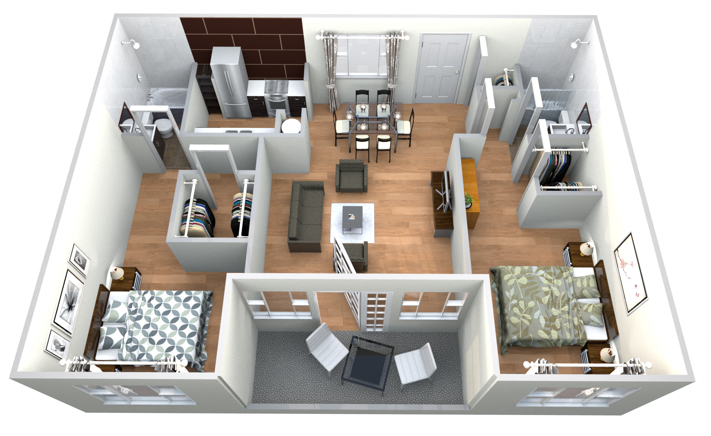 Floor plan for 2 beds, 2 baths, 1168 sqft